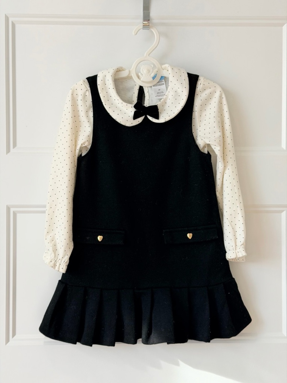 Girls Black & Cream Polka Dot Matching Set Dress - Classic Bow Collar